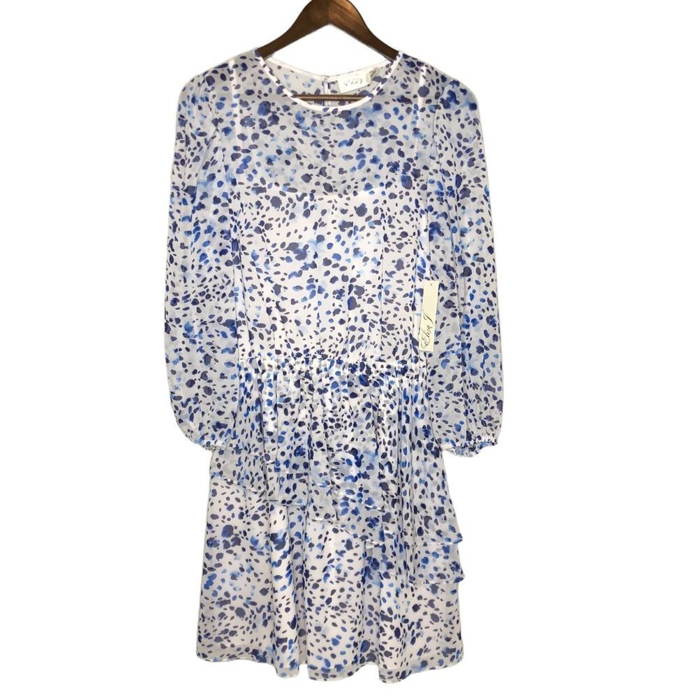 NWT Eliza J. Blue‎ and White Chiffon Speckled Dress with Ruffles Size 10